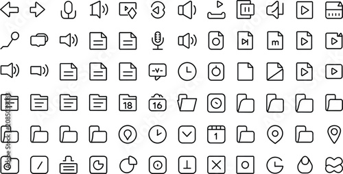 Comprehensive outline icon pack for multimedia software interface featuring audio controls file folders play buttons and location symbols