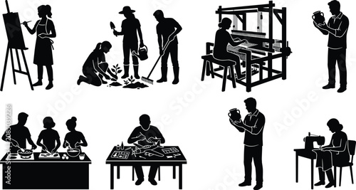 Bild auf Leinwand Black Silhouettes of People Engaged in Creative Hobbies Crafts Gardening Cooking