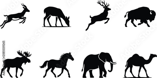 Obraz na plátně Large Wild Mammals and Herbivores Silhouette Vector Icon Set Featuring Deer Moos