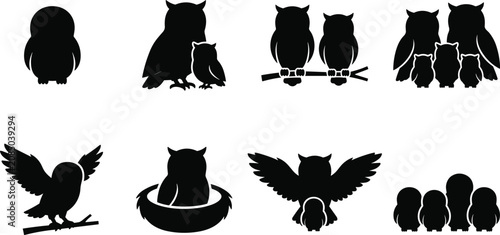 Canvas Print Owl Family and Baby Chicks Silhouette Vector Icon Set with Nest and Flying Poses