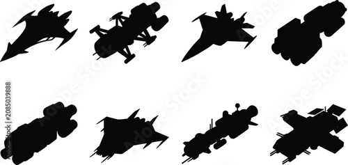 Fotografija Set of science fiction spaceship silhouettes including futuristic starfighters c