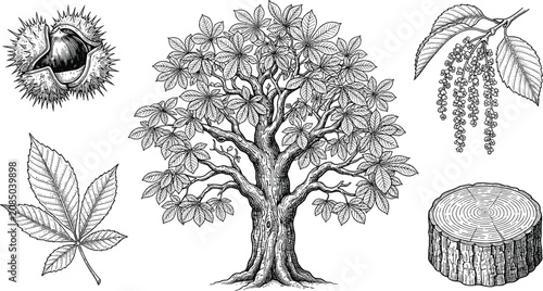 Hand Drawn Chestnut Tree Botanical Vector Collection with Leaves, Burr Fruit, Catkins, Tree Trunk Cross Section, and Vintage Nature Illustration