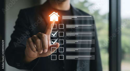 Businessman choosing home on digital checklist for real estate and property buy