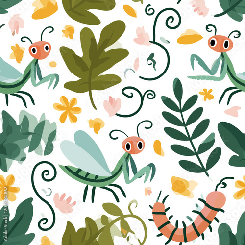 Seamless pattern with praying mantises, caterpillars, leaves and