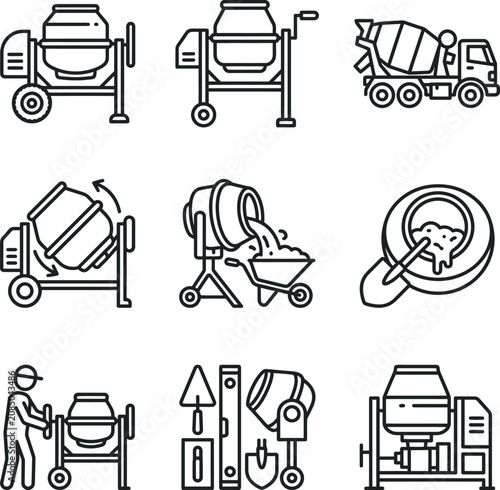 concrete mixer construction equipment and cement mixing vector line icons depicting various building tools and processes.