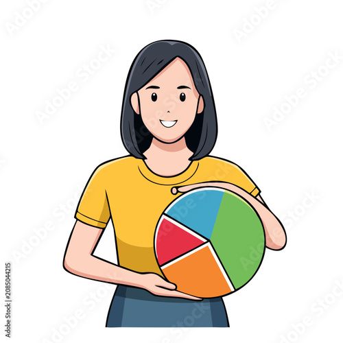 Woman holding colorful pie chart illustration