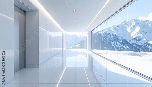 Minimal luxury office corridor with snowy mountain panorama in cool white palette and soft daylight