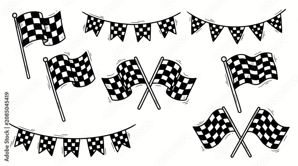 Obraz premium Checkered Racing Flag and Bunting Doodles Set