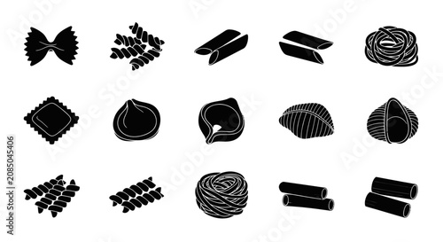 Assorted pasta shapes and noodle silhouette icons set.
