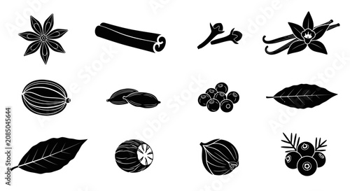 Culinary spice and dried herb silhouette icon collection.