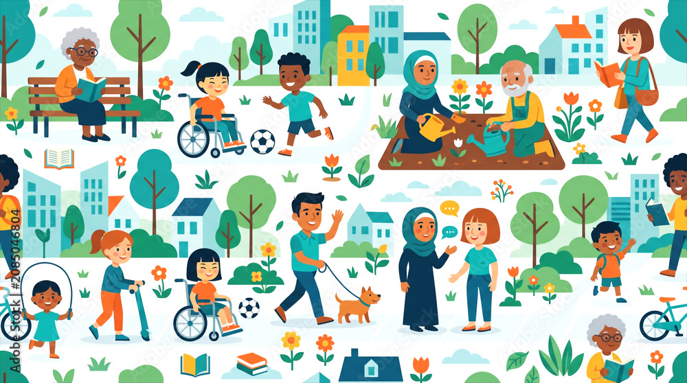 Fototapeta premium Diverse and Inclusive Urban Community Living - Happy flat design illustration showcasing people of all ages and abilities enjoying leisure activities in a vibrant city park.