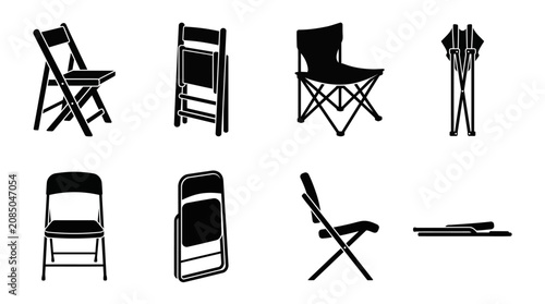 Collection of various folding chairs in different styles and positions.