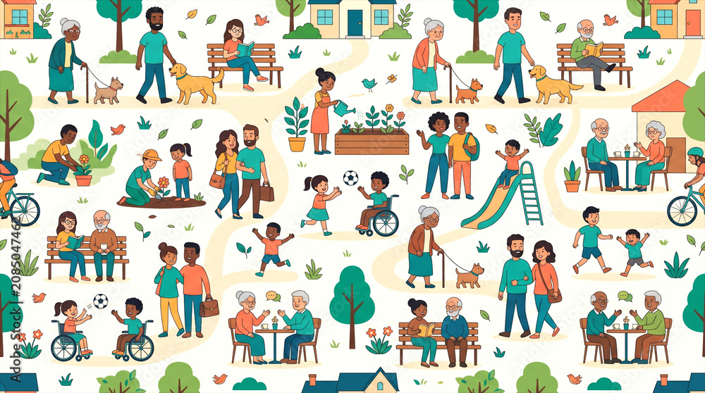 Fototapeta premium Flat Vector Illustration of People Enjoying Outdoor Activities in a Modern Community Park