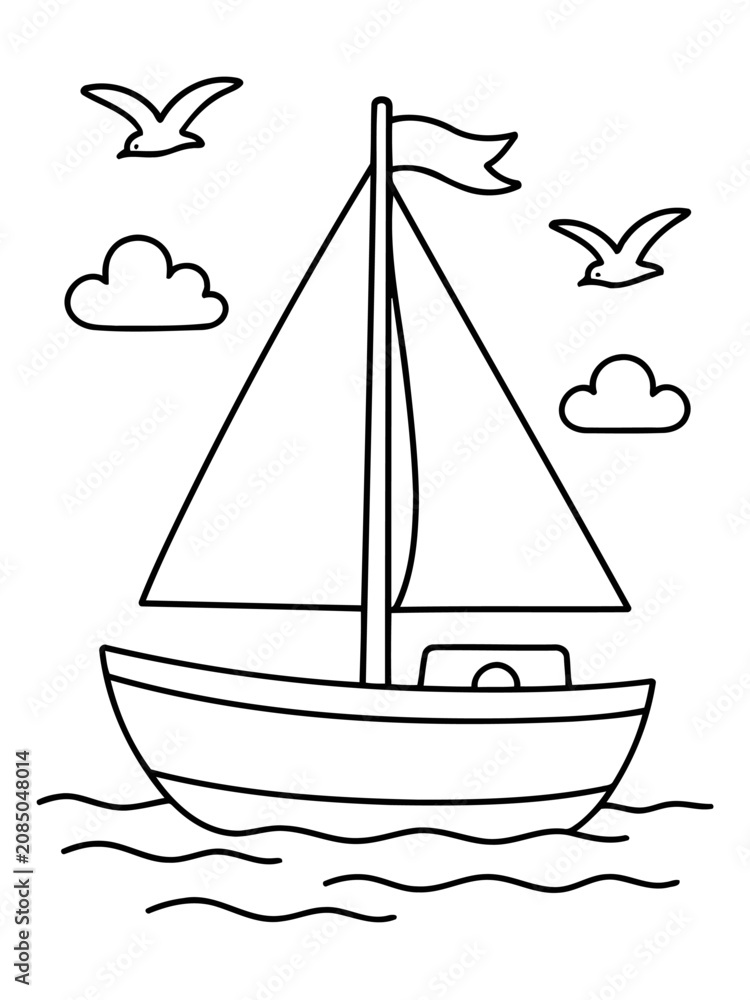 Fototapeta premium Sailboat Illustration: A simple line drawing of a sailboat on the water, with two birds flying above and two clouds in the sky. Ideal for coloring pages or educational materials.