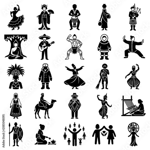 global cultures icon set illustrating cultural diversity and traditional costumes of world people symbolizing multiculturalism and unity.