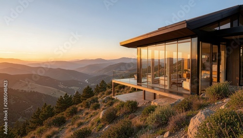 Modern Mountain Retreat: A stunning contemporary house perched on a mountainside, featuring floor-to-ceiling glass walls that offer breathtaking panoramic views of the rolling hills and golden sunset.