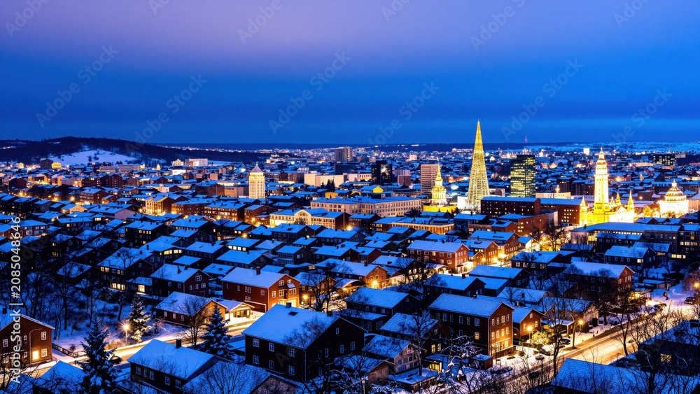 Obraz premium Winter Cityscape at Dusk: A breathtaking aerial view of a snow-covered city illuminated by the soft glow of twilight, showcasing a panorama of twinkling lights against a deep blue sky.