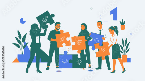 Diverse business team collaborating on a puzzle, symbolizing teamwork, strategic problem-solving, and unity. Modern flat design illustration for successful business solutions.