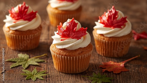 Autumn Maple Leaf Cupcakes with Swirled Frosting on Rustic Wooden Table
