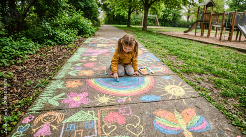 Girl drawing concrete path chalk child sidewalk rainbow park playground girl drawing concrete path with colorful chalk, cheerful creativity beside green tree, grass, flower, sun, butterfly