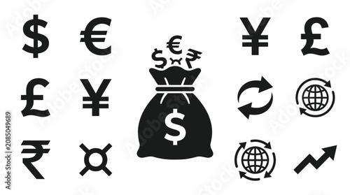 Global Currency Symbols and Money Bag with Exchange and Growth Icons.
