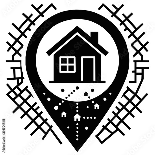 Professional location pin with a house symbol for real estate map navigation and property search in a residential neighborhood community