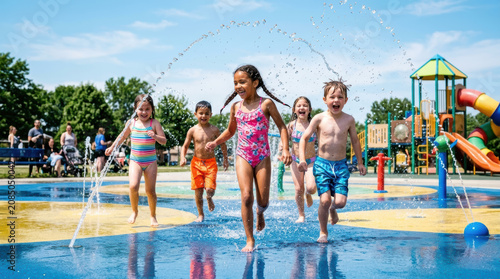 Kids running splash pad child water summer playground park fun outdoor Kids running through splash pad with joyful expression water spray colorful swimwear playground park summer recreation active