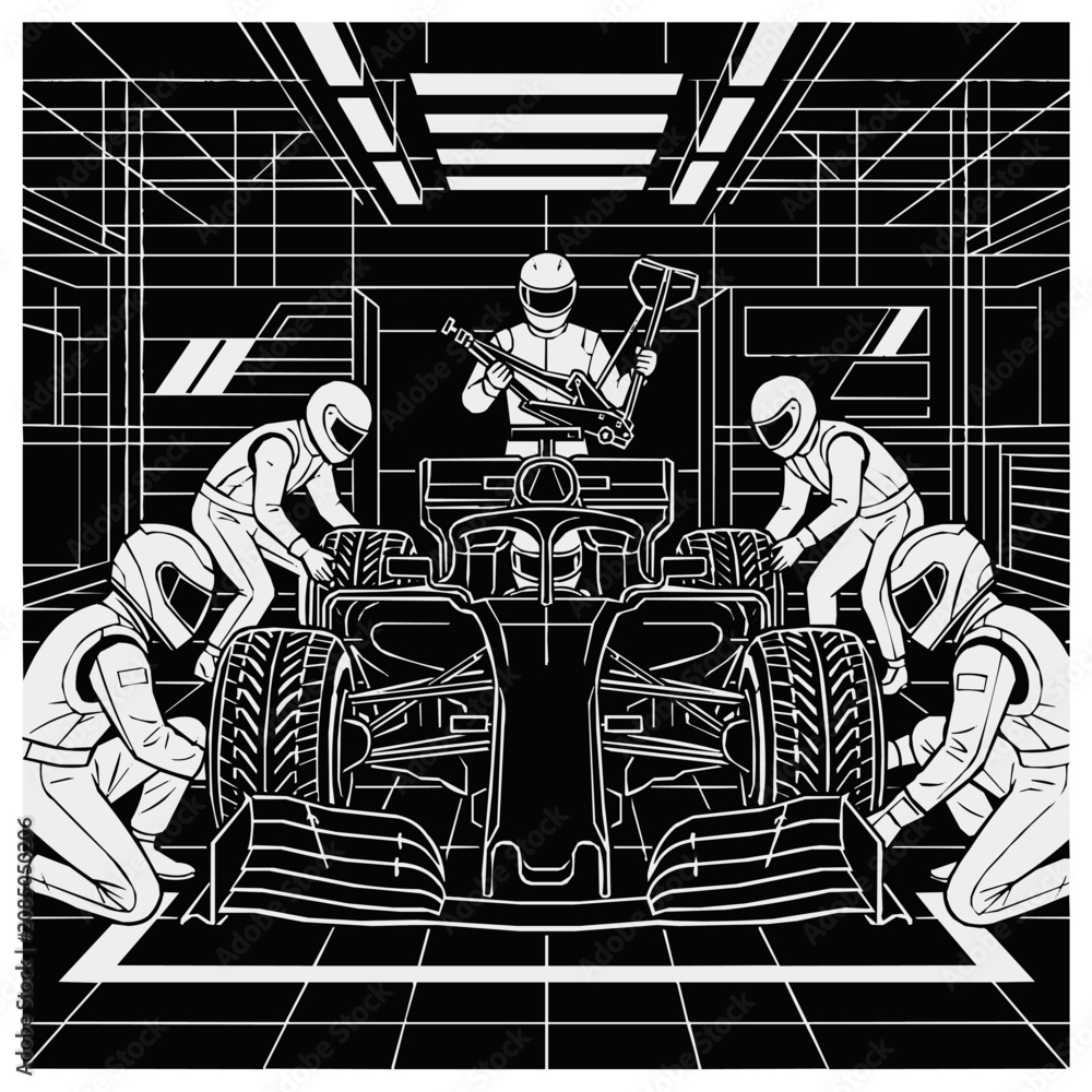 Obraz premium Professional Pit Stop Racing Illustration featuring a Formula 1 Crew working in a Garage, capturing the essence of high-speed automotive competition.