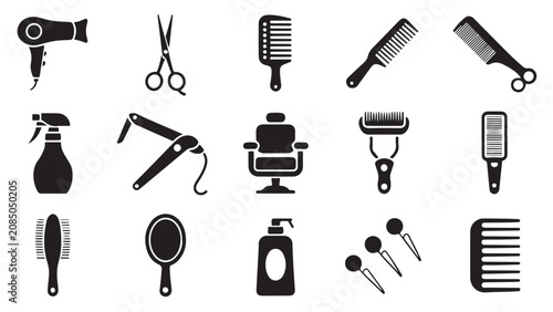 Vector barber shop solid icons set with chair spray bottle scissors comb and hair clippers.