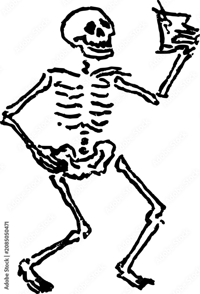 Fototapeta premium Hand Drawn Dancing Skeleton with Drink Vector Drawing