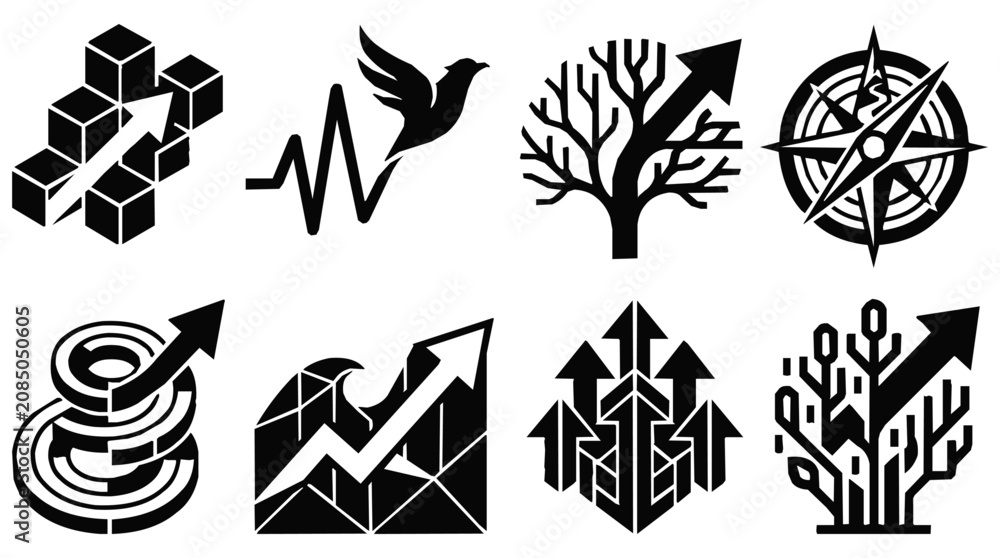 Fototapeta premium Collection of Abstract Icons Representing Growth, Progress, and Success for Business Strategy with Upward Arrow Symbols and Minimalist Graphic