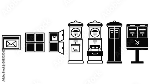 Detailed mailbox and post office collection featuring postal service delivery icon set with envelope symbols and vintage pillar boxes.