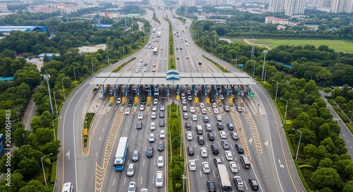 Busy highway toll plaza with significant traffic congestion during the day, showing many cars queued up.