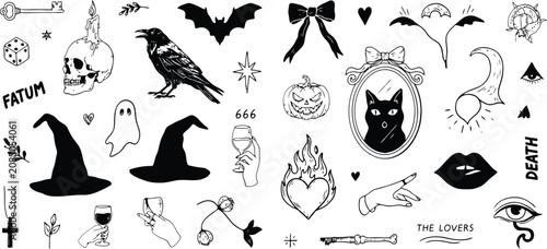 Tableau sur toile Black and white hand drawn occult and halloween collection skull