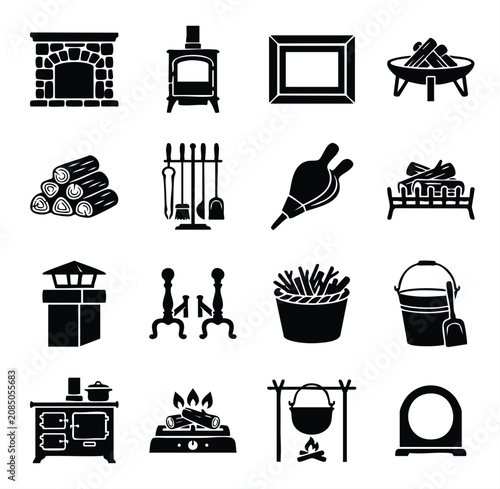 Photos Fireplace and home heating equipment flat icon set with fireplace firewood equip