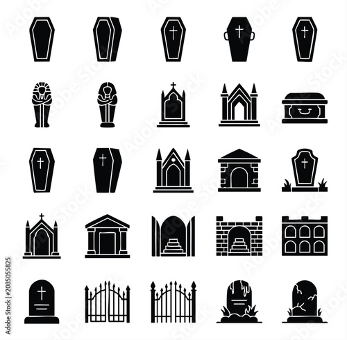 Obraz na płótnie Funeral and cemetery collection of black silhouette icons with grave marker rest