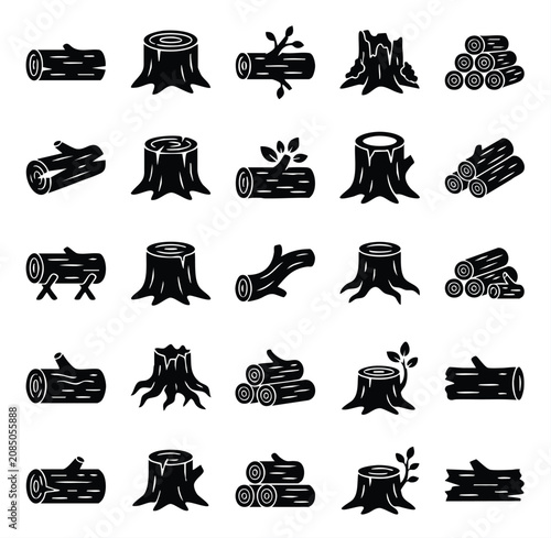 Принти на полотні Black silhouette icons of wood logs stumps and firewood stacks with cross sectio