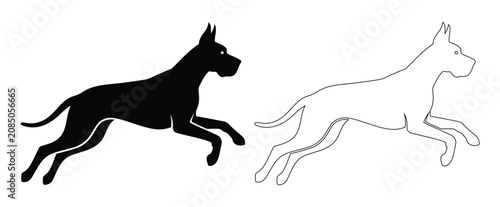 Quadro su tela Great Dane Dog Running or Galloping Side Profile Silhouette and Outline Vector S