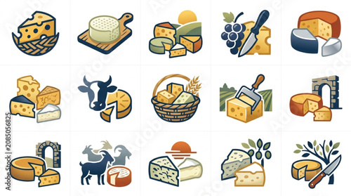 Collection of cheese icons and illustrations representing various types of cheese and dairy products.