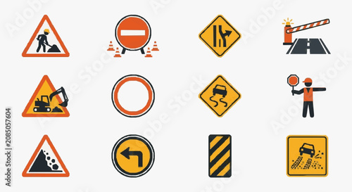 Bild auf Leinwand Road Construction Warning Icons Set.
