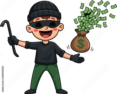Konstfotografi Funny cartoon thief character wearing a mask and holding a crowbar with flying d