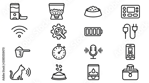 Photos Set of icons representing smart pet feeder features and functions