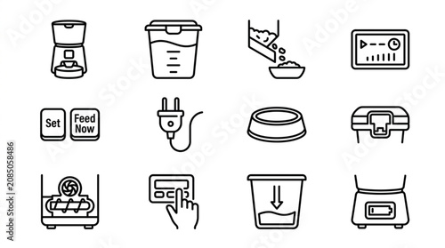 Quadro su tela Collection of automatic pet feeder icons and illustrations.