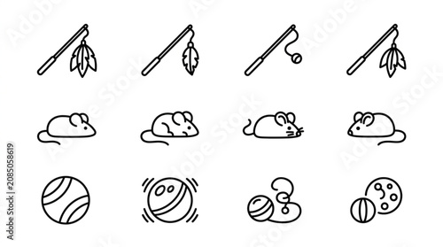 Fotografie Collection of playful cat toys and mice icons in a simple line art style