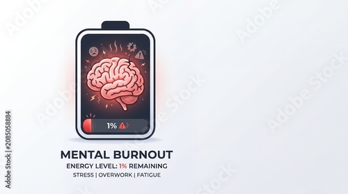 Conceptual illustration of a human brain displayed as a smartphone battery icon showing one percent remaining energy