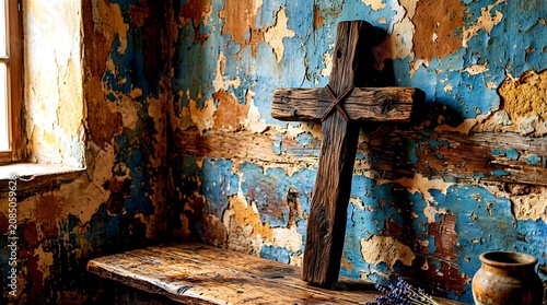 A rustic wooden cross resting on a wooden bench against a peeling blue and brown paint wall, with a clay pot and dried lavender flowers creating a vintage religious atmosphere.