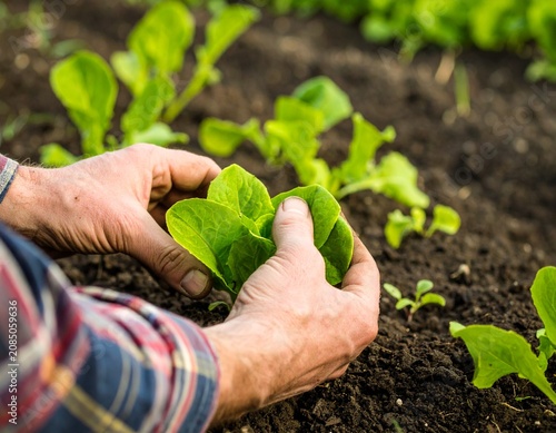 Farmer planting young seedlings of lettuce salad in the vegetable garden