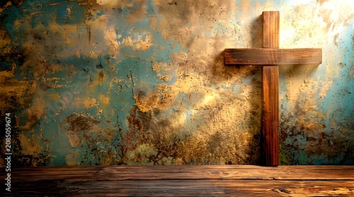 ​A dark wooden cross standing on a timber surface against a textured rustic wall with peeling paint in blue, brown, and gold tones, symbolizing spirituality and faith reflection.