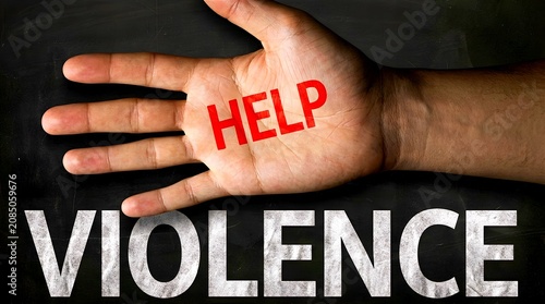 An open human palm with the red word HELP written on it, placed over a dark background with a large white text overlay reading VIOLENCE, symbolizing an anti-violence campaign.
