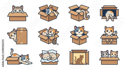 Foto Cute cartoon cats playing inside and peeking out of cardboard boxes